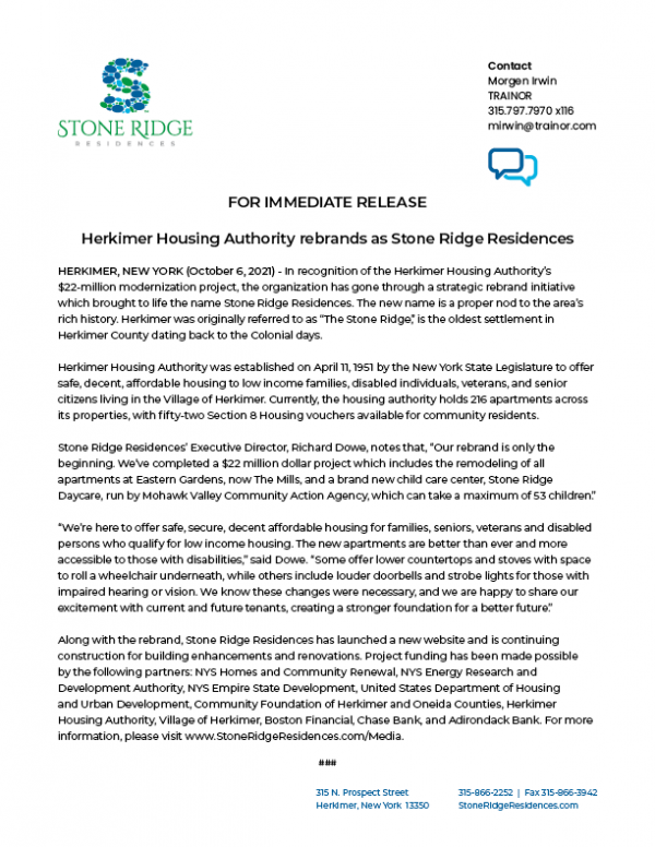 Stone Ridge Press Release